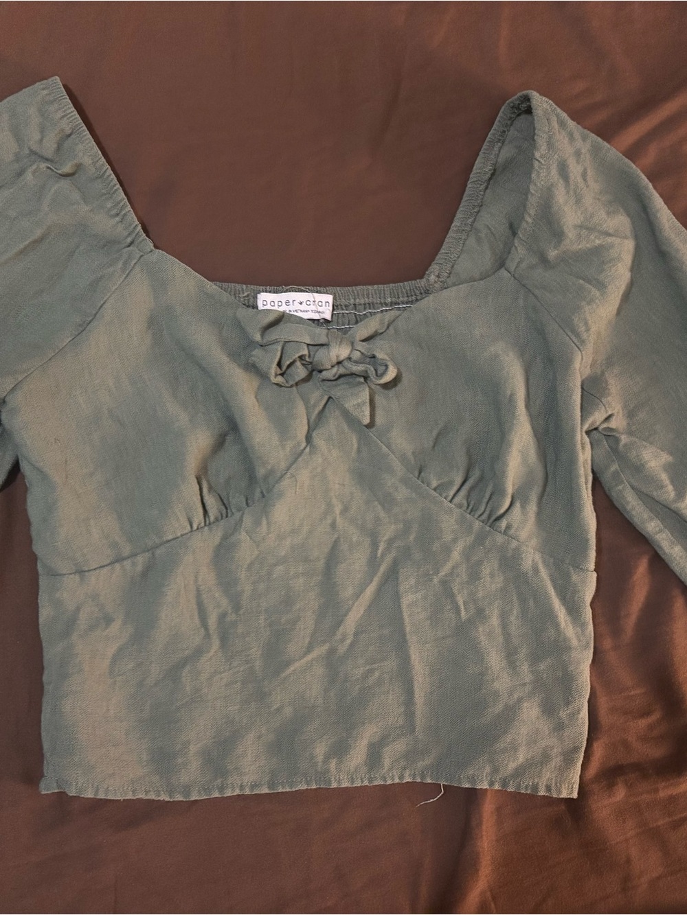 Paper+Cloth Sage Green Square Neck Tie-Front Crop Top